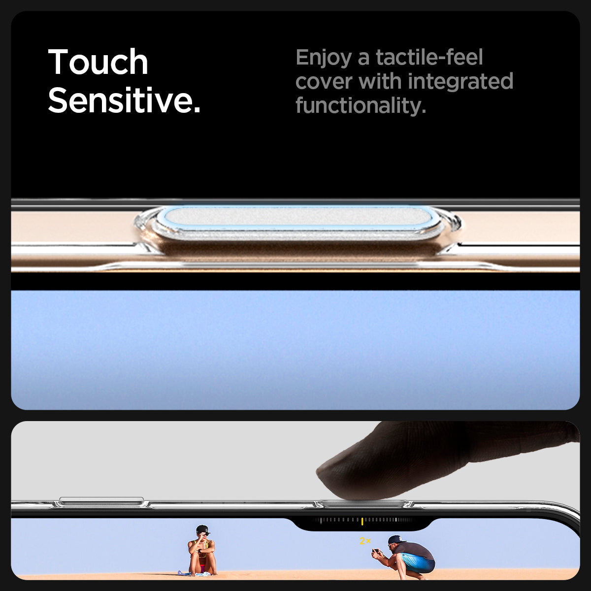 ACS09316 - iPhone 16 Pro Case Thin Fit T (MagFit) in clear showing the touch sensitive features