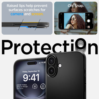 ACS08186 - iPhone 16 Case Thin Fit (MagFit) in Black raised lips help prevent surfaces scratches for camera and screen. oh snap. protection.