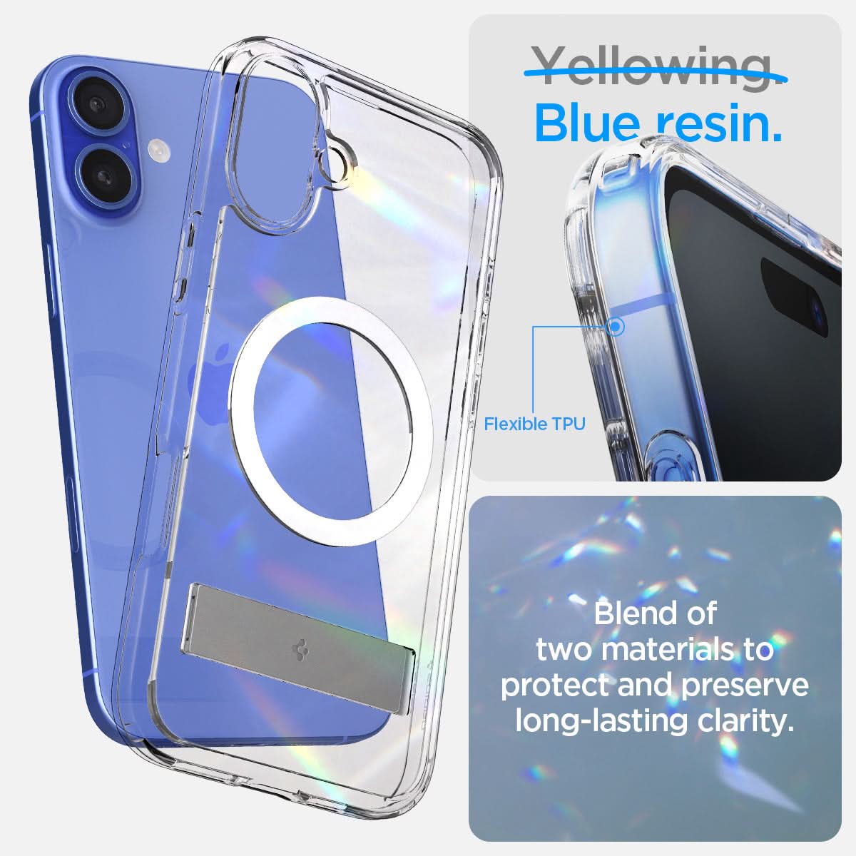 ACS08212 - iPhone 16 Case Ultra Hybrid S (MagFit) in Crystal Clear blue resin. blend of two materials to protect and preserve long lasting clarity.