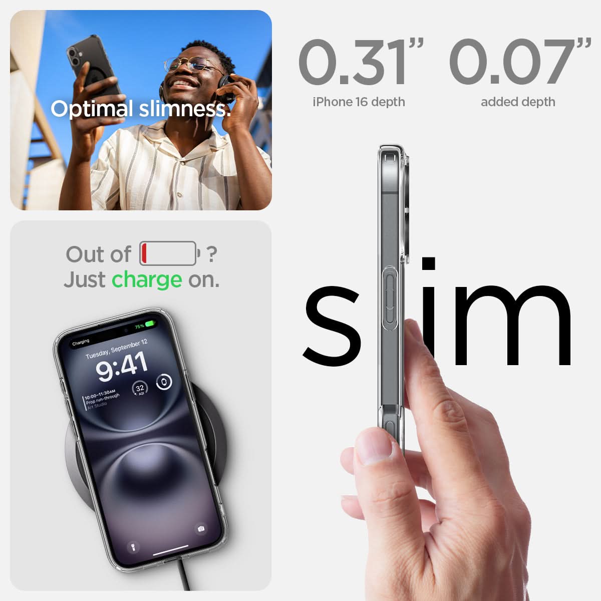 ACS08206 - iPhone 16 Case Ultra Hybrid (MagFit) in Black optimal slimness. Out of battery? Just charge on. 0.31" and 0.07" slim.