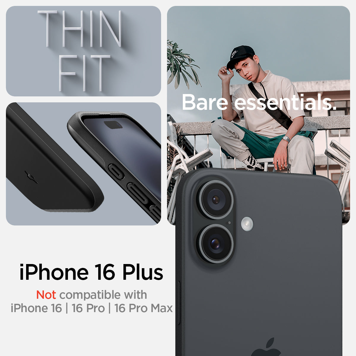 ACS08060 - iPhone 16 Plus Case Thin Fit (MagFit) in Black iPhone 16 plus. Not compatible with iPhone 16, 26 pro, 16 pro max. bare essentials.