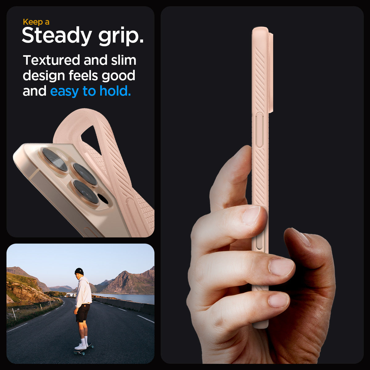 ACS08687 - iPhone 16 Pro Max Case Liquid Air in Rose Titanium showing the steady grip. Textured and slim design feels good and easy to hold
