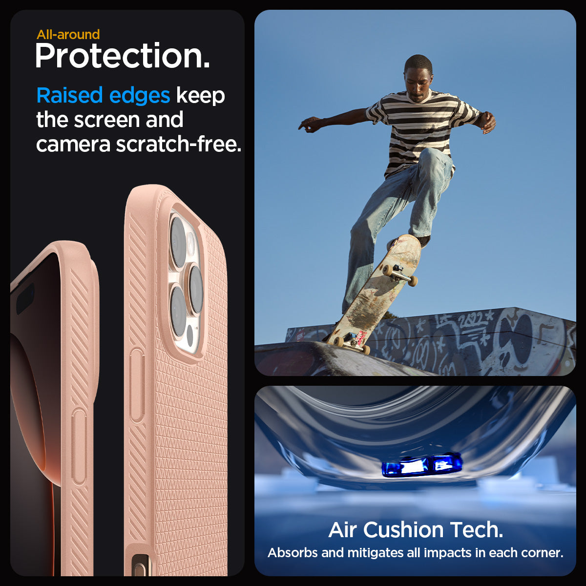 ACS08692 - iPhone 16 Pro Case Liquid Air in Rose Titanium showing the all-around protection. Raised edges keep the screen and camera scratch-free. Air Cushion Tech. Absorbs and mitigates all impacts in each corner