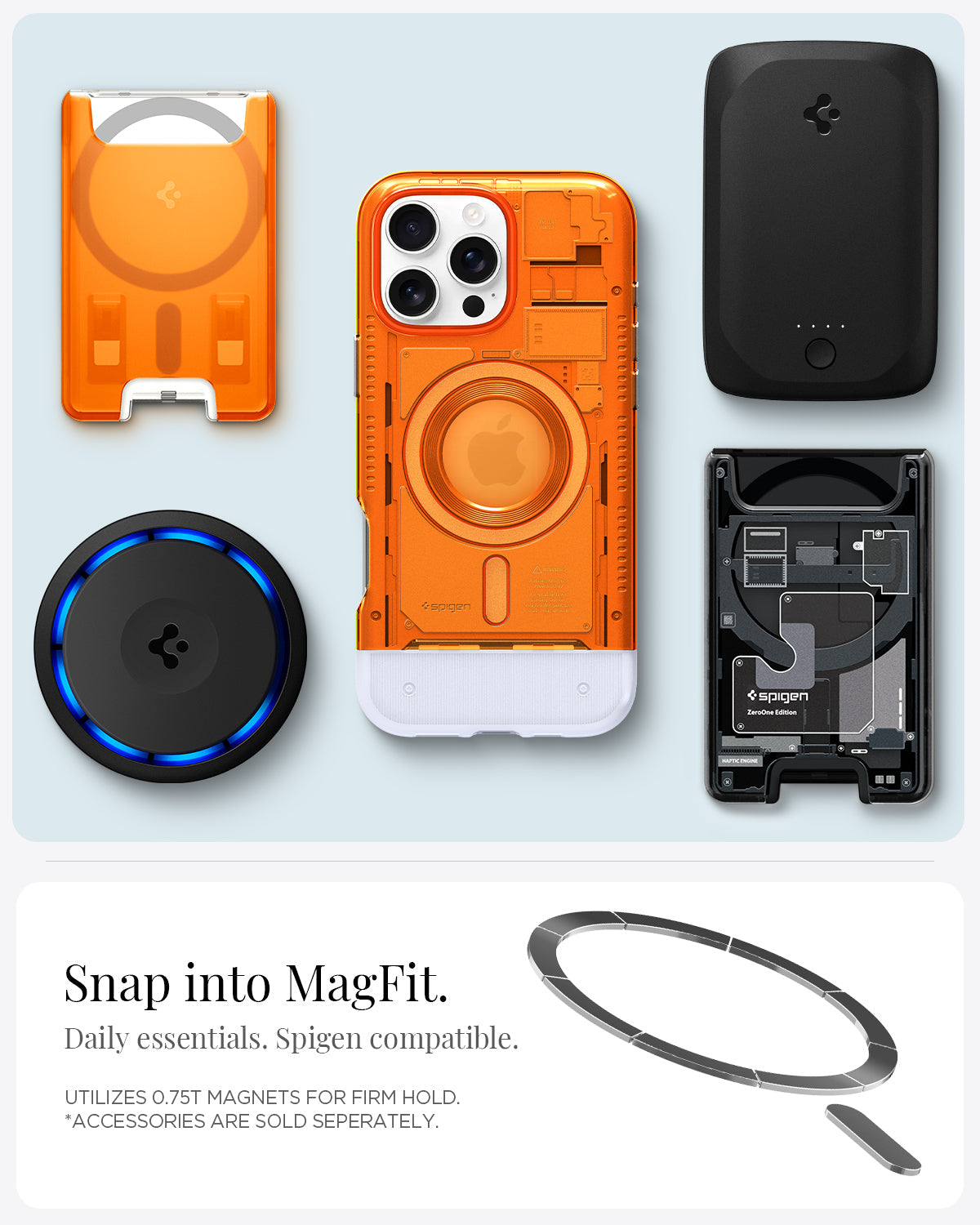 ACS08560 - iPhone 16 Pro Case Classic C1 (MagFit) in Tangerine snap into magfit. daily essentials spigen compatible. Utilizes 0.75 magnets for firm hold. accessories are sold separately.
