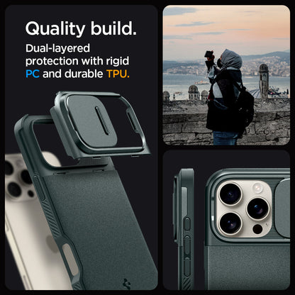 ACS08150 - iPhone 16 Pro Case Optik Armor (MagFit) in Abyss Green showing the quality build. Dual-layered protection with rigid PC and durable TPU