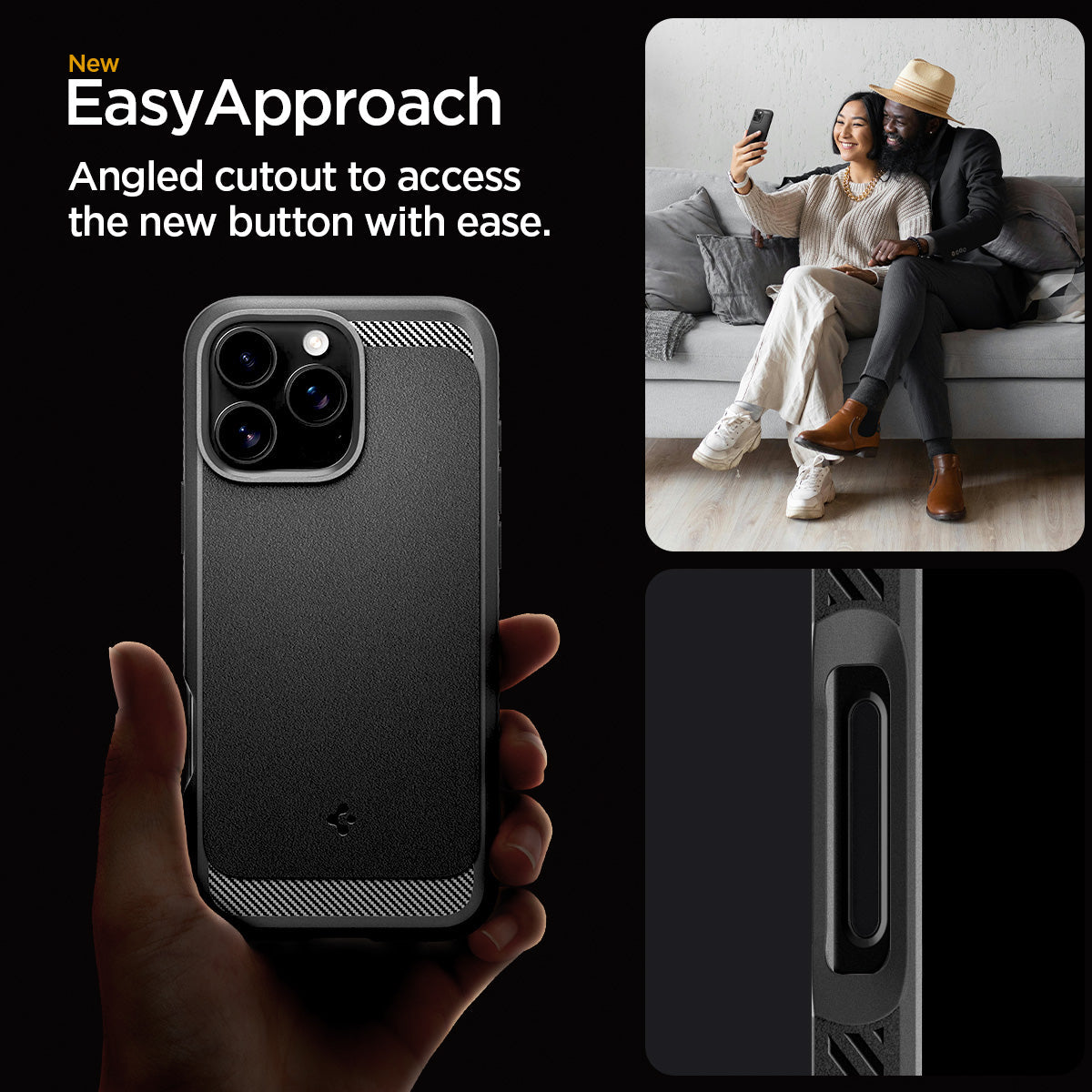 ACS07986 - iPhone 16 Pro Max Case Rugged Armor (MagFit) in Matte Black showing the new easyapproach. Angled cutout to access the new button with ease