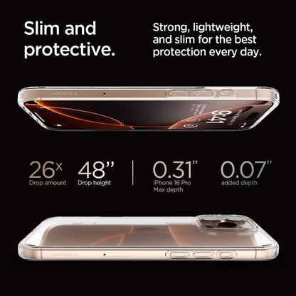 ACS07992 - iPhone 16 Pro Max Case Ultra Hybrid in Crystal Clear slim and protective. strong, lightweight, and slim for the best protection every day. 26x drop amount, 48" drop height, 0.31" iPhone 16 pro max depth, 0.07" added depth.