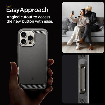 ACS08116 - iPhone 16 Pro Case Rugged Armor (MagFit) in Gray showing the new easyapproach. Angled cutout to access the new button with ease