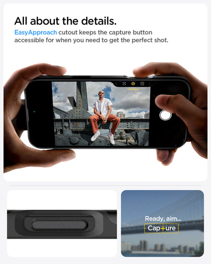 ACS08106 - iPhone 16 Pro Case Thin Fit (MagFit) in Black all about the details. easy approach cutout keeps the capture button accessible for when you need to get the perfect shot.