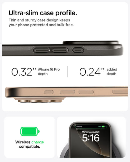 ACS08107 - iPhone 16 Pro Case Thin Fit (MagFit) in Gunmetal ultra slim case profile. Thin and sturdy case design keeps your phone protected and bulk free. 0.32" iPhone 16 Pro Max depth. 0.24" added depth. wireless charge compatible.