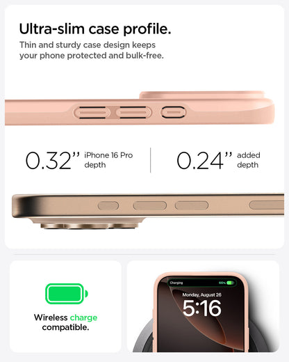 ACS08691 - iPhone 16 Pro Case Thin Fit (MagFit) in Rose Titanium ultra slim case profile. Thin and sturdy case design keeps your phone protected and bulk free. 0.32" iPhone 16 Pro Max depth. 0.24" added depth. wireless charge compatible.