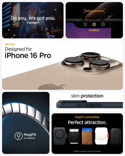 ACS08108 - iPhone 16 Pro Case Thin Fit (MagFit) in Metal Slate do you. we got you. spigen. All new designed for iPhone 16 Pro. Magfit for magsafe. slim protection. Magfit compatible perfect attraction.