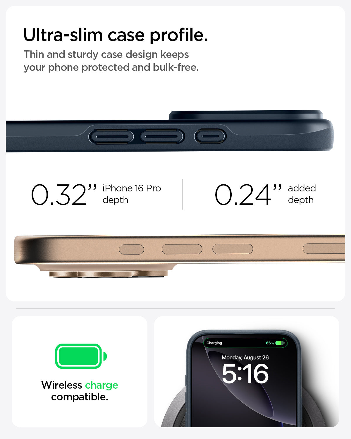 ACS08108 - iPhone 16 Pro Case Thin Fit (MagFit) in Metal Slate ultra slim case profile. Thin and sturdy case design keeps your phone protected and bulk free. 0.32" iPhone 16 Pro Max depth. 0.24" added depth. wireless charge compatible.