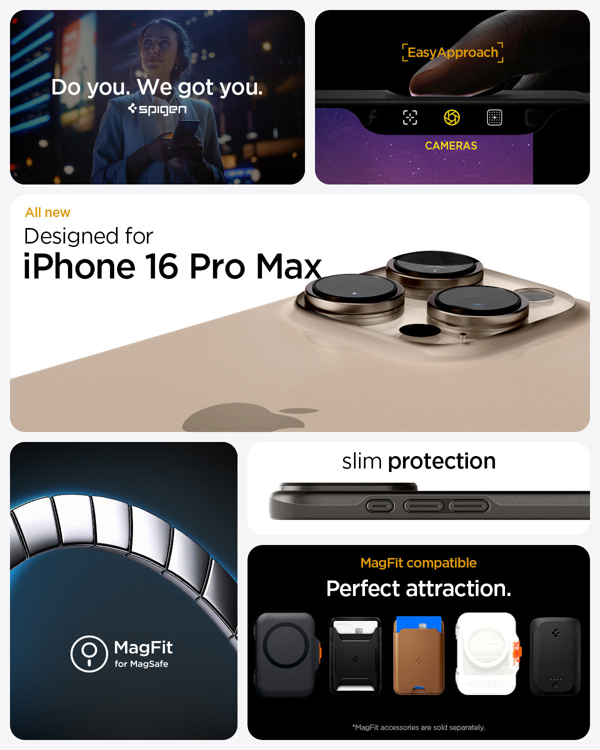 ACS07979 - iPhone 16 Pro Max Case Thin Fit (MagFit) in Gunmetal do you. we got you. spigen. All new designed for iPhone 16 Pro max. Magfit for magsafe. slim protection. Magfit compatible perfect attraction.