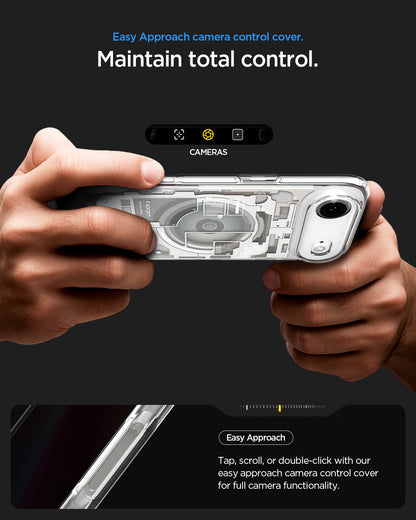 ACS10057 - iPhone 17 Air Ultra Hybrid Zero One (MagFit) in Zero One Natural Titanium showing easy approach camera control cover. Maintain total control. Tap, scroll, or double click with out east approach camera control cover for full camera functionality