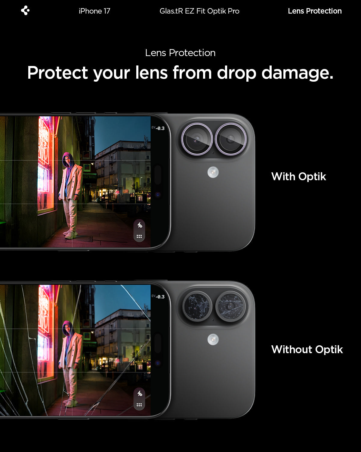 AGL10127 - iPhone 17 Optik Pro EZ Fit Lens Protector showing the lens protection. Protect your lens from drop damage