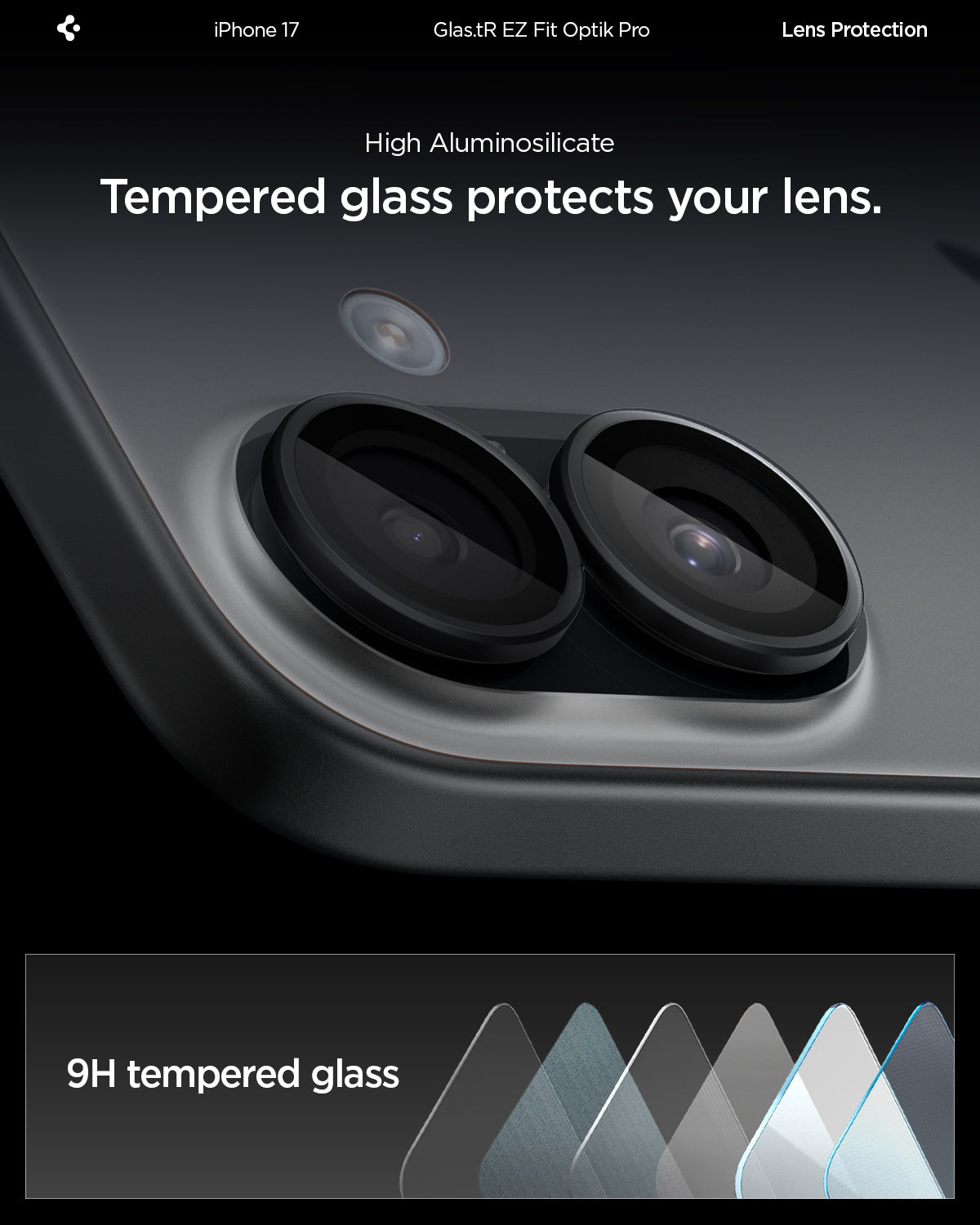AGL07921 - iPhone 17 Optik Pro EZ Fit Lens Protector showing the high aluminosilicate. Tempered glass protects your lens.