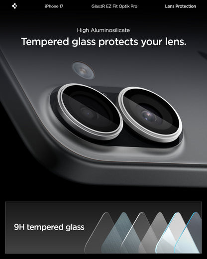 AGL10126 - iPhone 17 Optik Pro EZ Fit Lens Protector showing the high aluminosilicate. Tempered glass protects your lens.