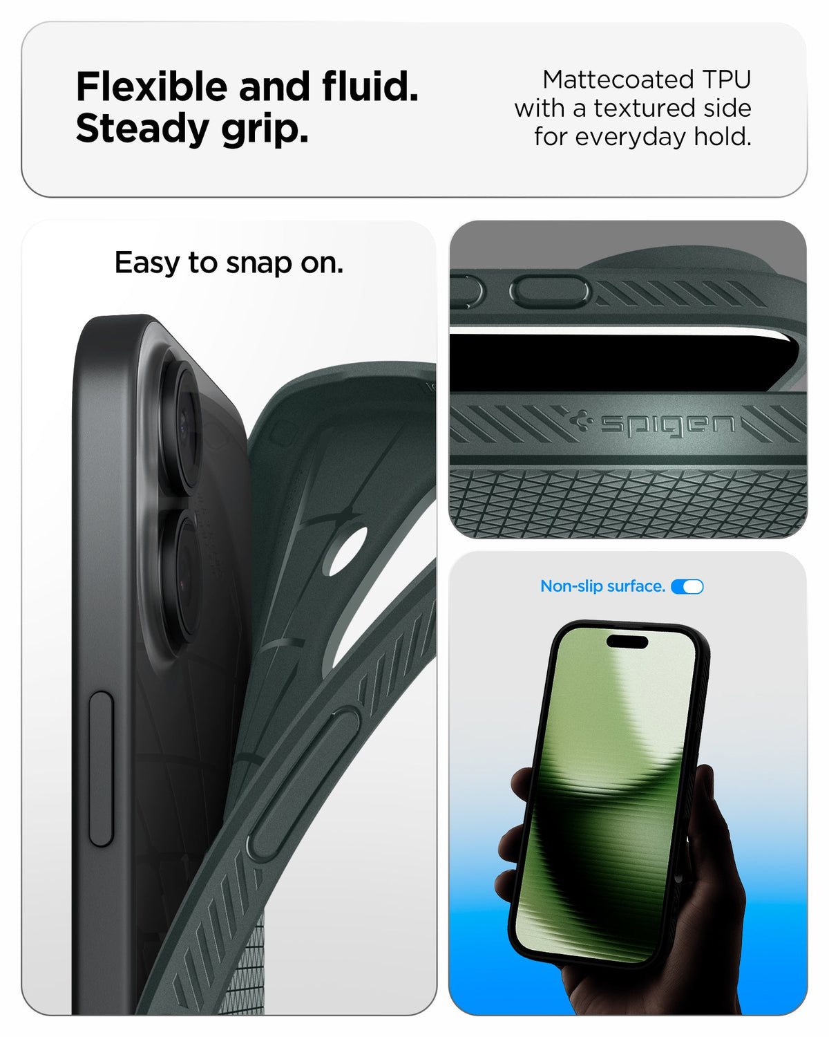 ACS09979 - iPhone 17 Liquid Air in Abyss Green showing flexible and fluid steady grip. mattecoated TPU with a textured side for everyday hold.