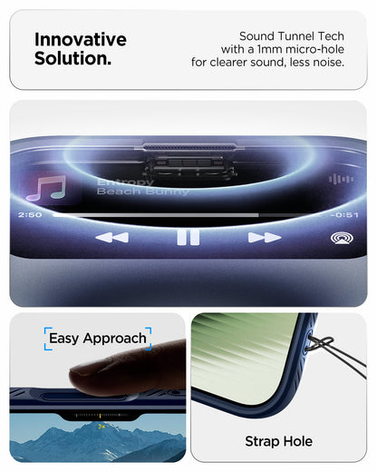 ACS09978 - iPhone 17 Liquid Air in Navy Blue showing innovative solution. sound tunnel tech with a 1mm micro hole for cleaner sound, less noise.