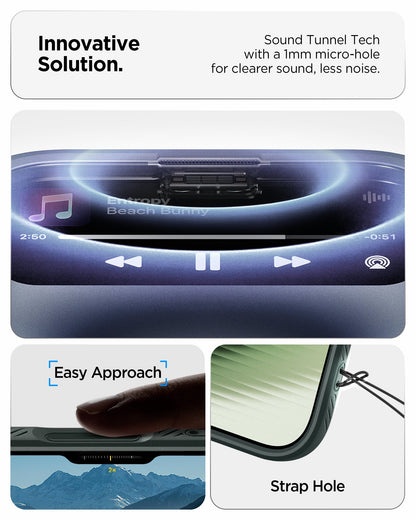 ACS09979 - iPhone 17 Liquid Air in Abyss Green showing innovative solution. sound tunnel tech with a 1mm micro hole for cleaner sound, less noise.