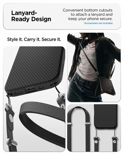ACS09977 - iPhone 17 Liquid Air in Matte Black showing lanyard ready design. convenient bottom cutouts to attach a lanyard and keep your phone secure