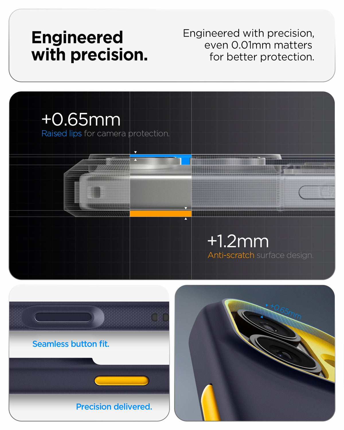 ACS09990 - iPhone 17 Nano Pop (MagFit) in Blueberry Navy showing the engineered with precision. Engineered with precision, even 0.01mm matters for better protection