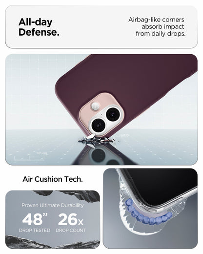 ACS09991 - iPhone 17 Nano Pop (MagFit) in Burgundy Bean showing the all day defense with airbag like corners that absorb impact from daily drops