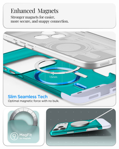 ACS09961 - iPhone 17 Pro Case Classic C1 (MagFit) in bondi blue showing enhanced magnets. stronger magnets for easier more secure and snappy connection. slim seamless tech. optimal magnetic force with no bulk.