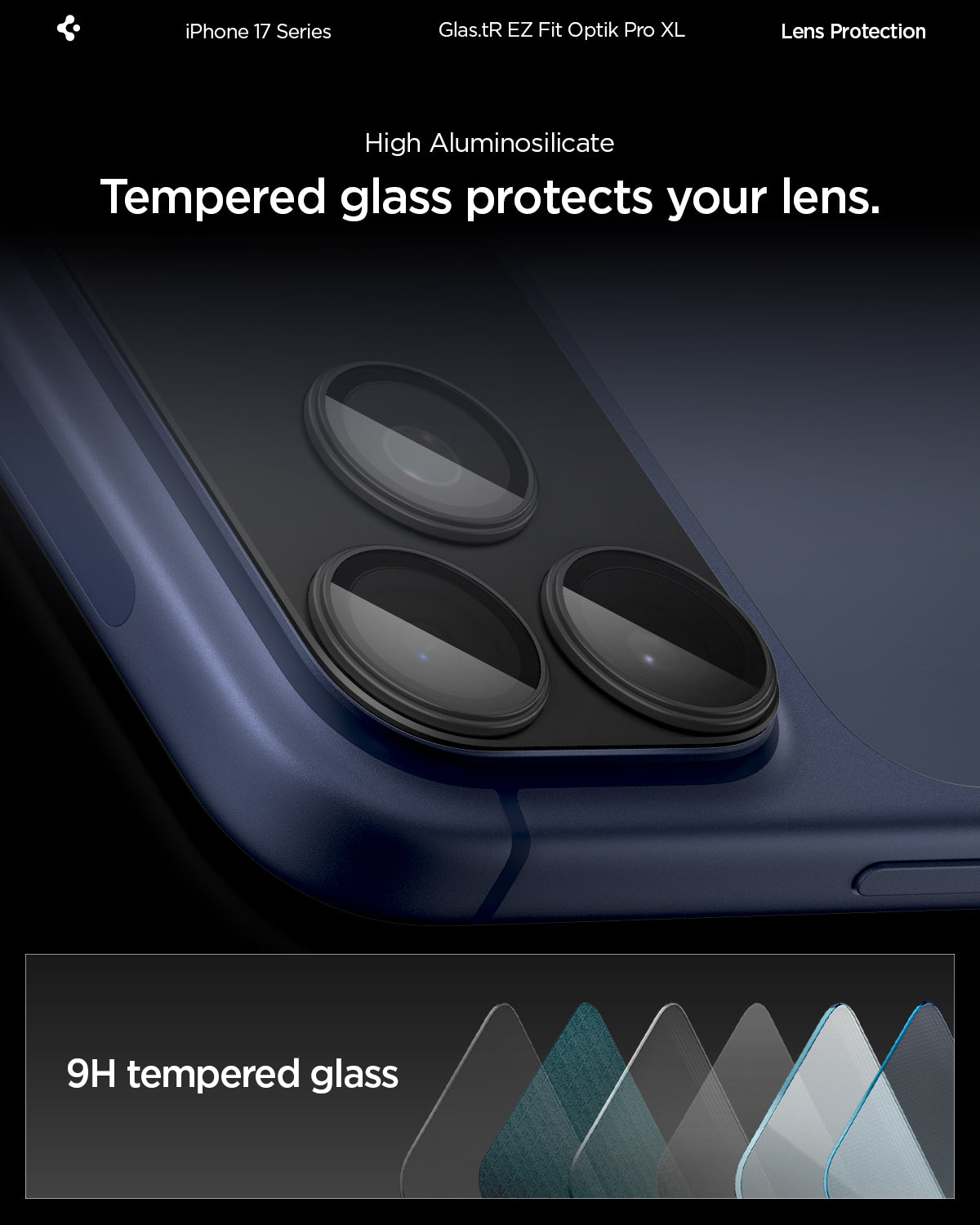 AGL10644 - iPhone 17 Pro Optik Pro XL EZ Fit Lens Protector in black showing the High Aluminosilicate Tempered glass protects your lens with 9H tempered glass