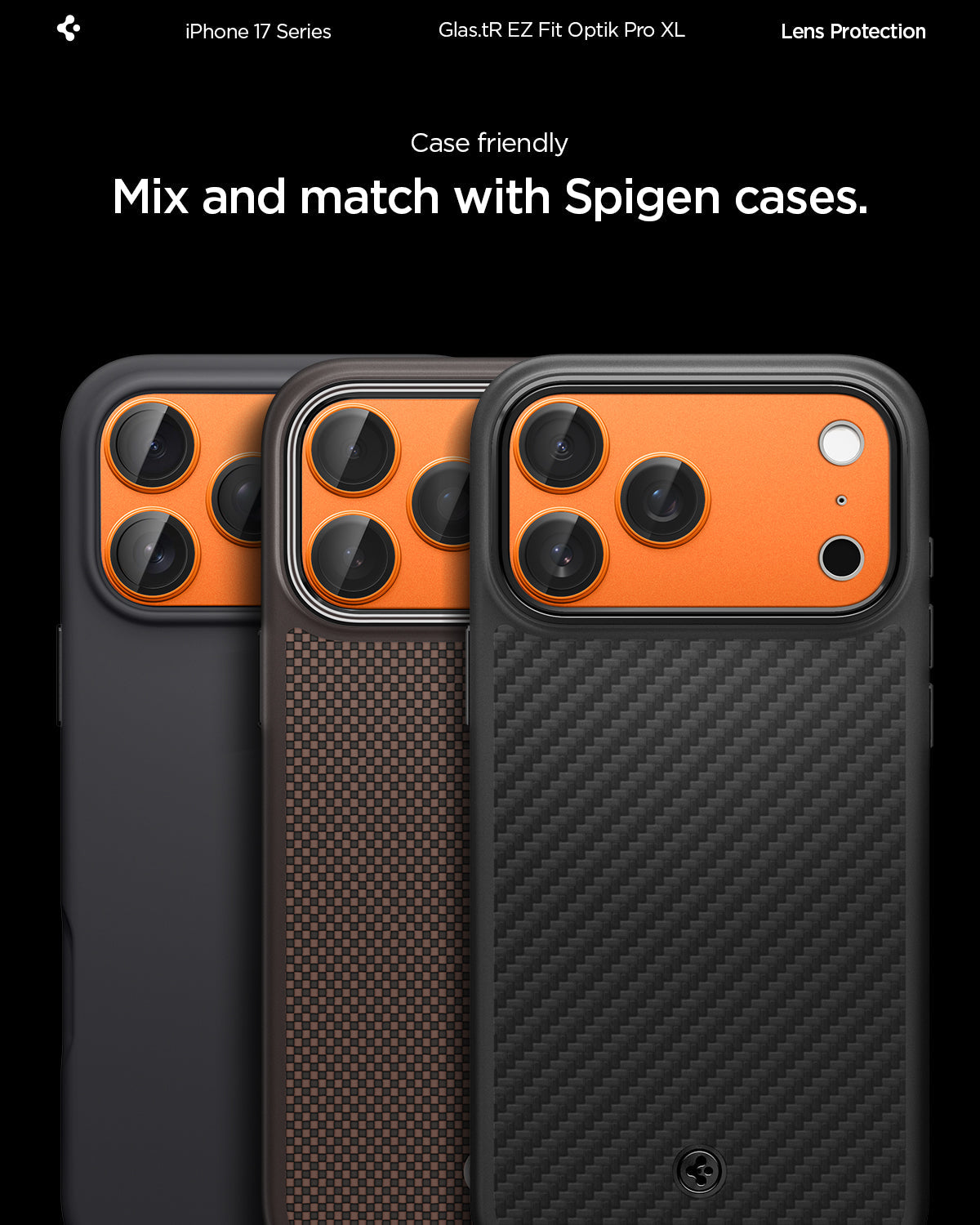 AGL10645 - iPhone 17 Pro Optik Pro XL EZ Fit Lens Protector in orange showing the case friendly, mix and match with Spigen cases