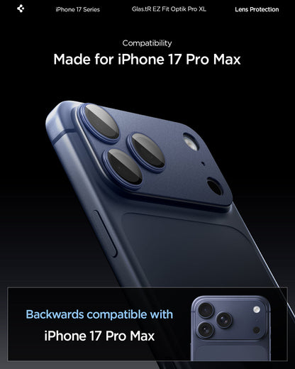 AGL10651 - iPhone 17 Pro Max Optik Pro XL EZ Fit Lens Protector in blue showing the compatibility only with iPhone 17 Pro Max