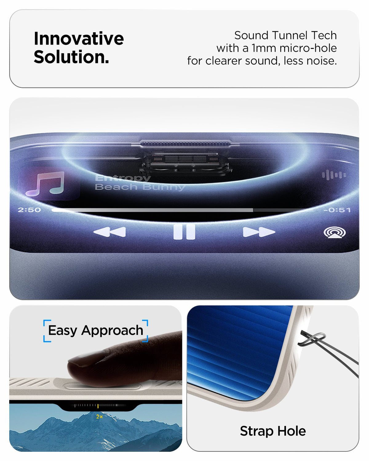 ACS09891 - iPhone 17 Pro Max Liquid Air in Natural Titanium showing innovative solution. sound tunnel tech with a 1mm micro hole for cleaner sound, less noise.