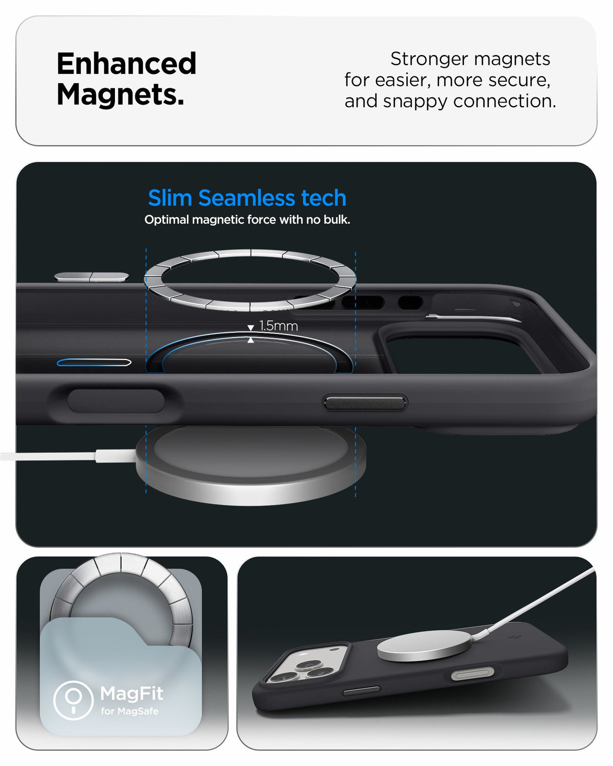 ACS09902 - iPhone 17 Pro Max Silicone Fit (MagFit) Case in black showing enhanced magnets. stronger magnets for easier more secure and snappy connection.