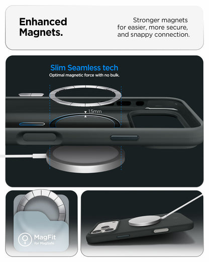 ACS09903 - iPhone 17 Pro Max Silicone Fit (MagFit) Case in green showing enhanced magnets. stronger magnets for easier more secure and snappy connection.