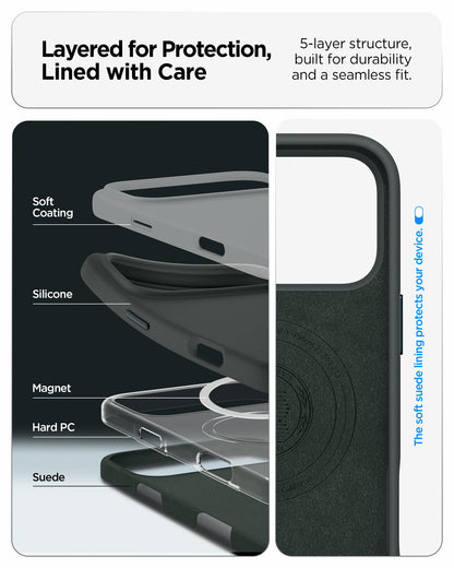 ACS09903 - iPhone 17 Pro Max Silicone Fit (MagFit) Case in green showing layered for protection, lined with care. 5 layer structure built for durability and a seamless fit
