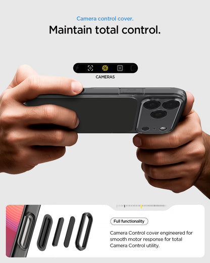 ACS10047 - iPhone 17 Pro Max Ultra Hybrid T (MagFit) in Matte Black showing camera control cover. Maintain total control. full functionality. camera control cover engineered for smooth motor response for total camera control utility.