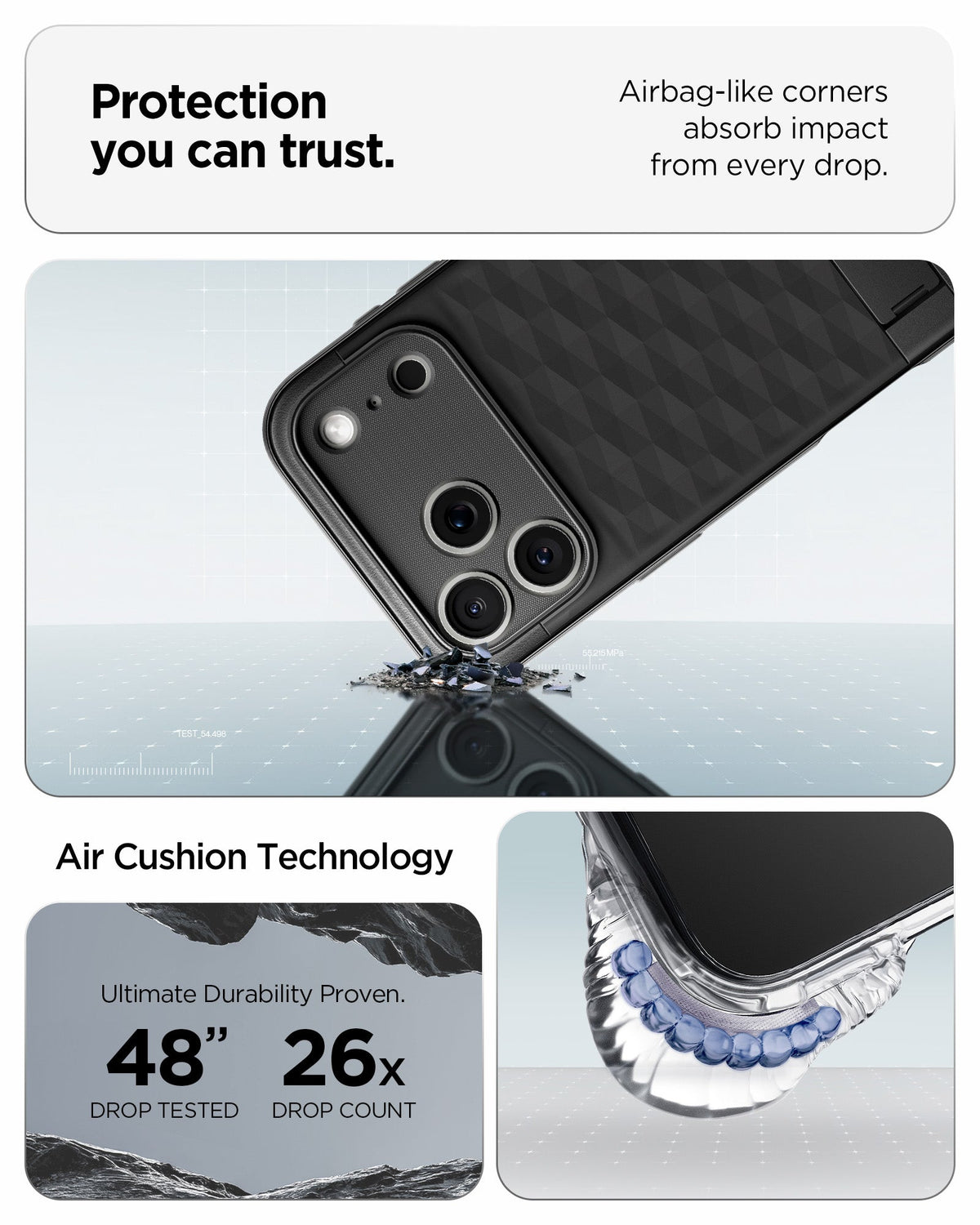 ACS09964 - iPhone 17 Pro Series Case Parallax S (MagFit) in black showing the protection you can trust. Airbag-like corners absorb impact from every drop