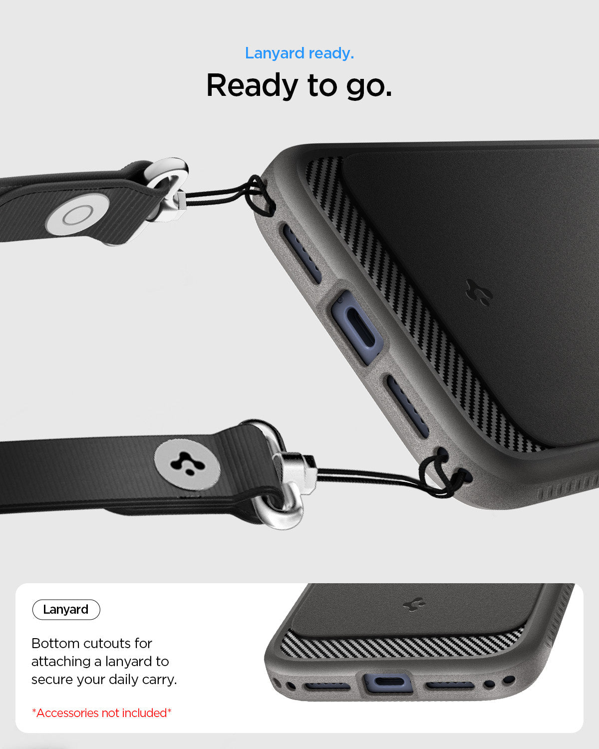 ACS09941 - iPhone 18 Pro / iPhone 17 Pro Rugged Armor (MagFit) in Gray showing lanyard ready. ready to go