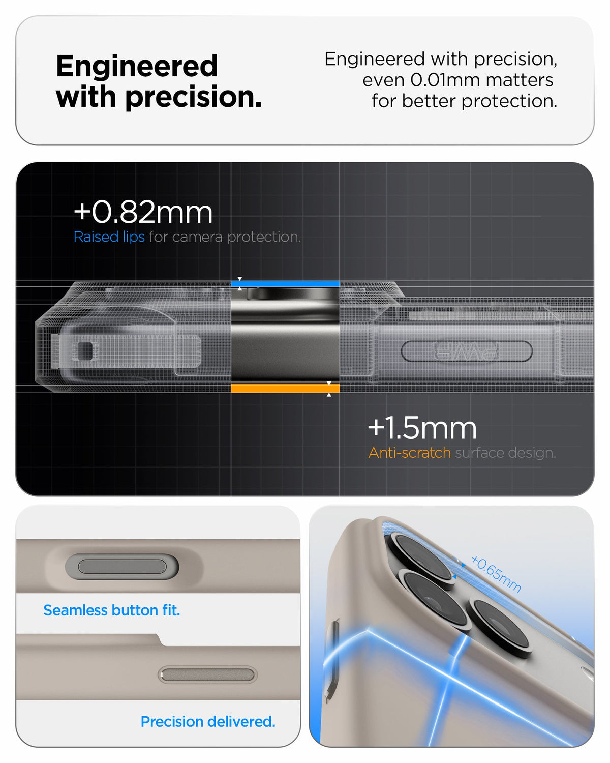 ACS09957 - iPhone 17 Pro Silicone Fit (MagFit) Case in stone showing engineered with precision. Engineered with precision even 0.01mm matters for better protection.
