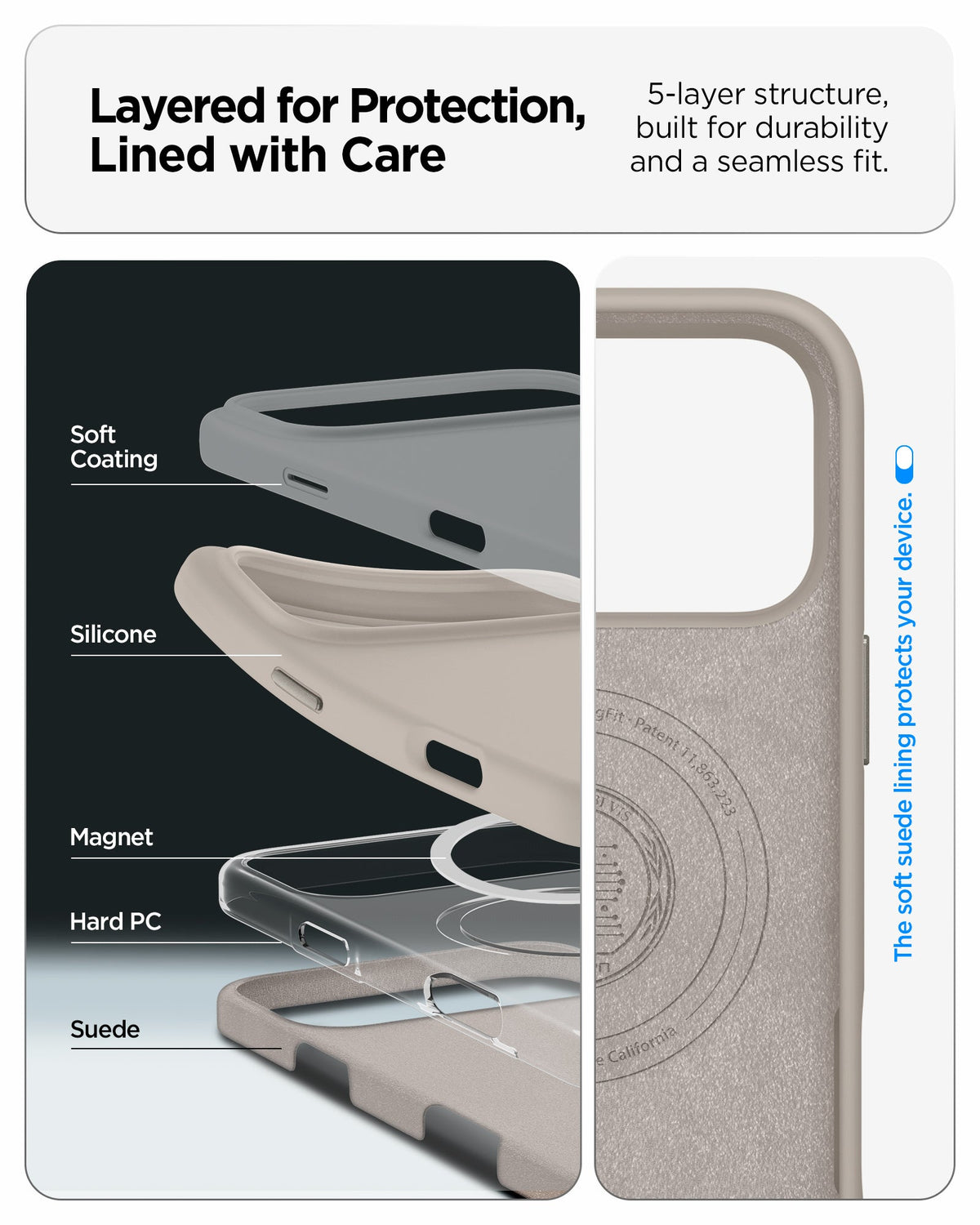 ACS09957 - iPhone 17 Pro Silicone Fit (MagFit) Case in stone showing layered for protection, lined with care. 5 layer structure built for durability and a seamless fit