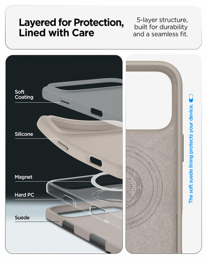 ACS09957 - iPhone 17 Pro Silicone Fit (MagFit) Case in stone showing layered for protection, lined with care. 5 layer structure built for durability and a seamless fit