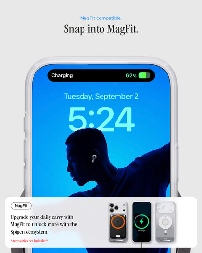 ACS10044 - iPhone 17 Pro Max Case Ultra Hybrid Classic (MagFit) in Classic Silver showing magfit compatible. snap into magfit. upgrade your daily carry with magfit to unlock more with the spigen ecosystem.