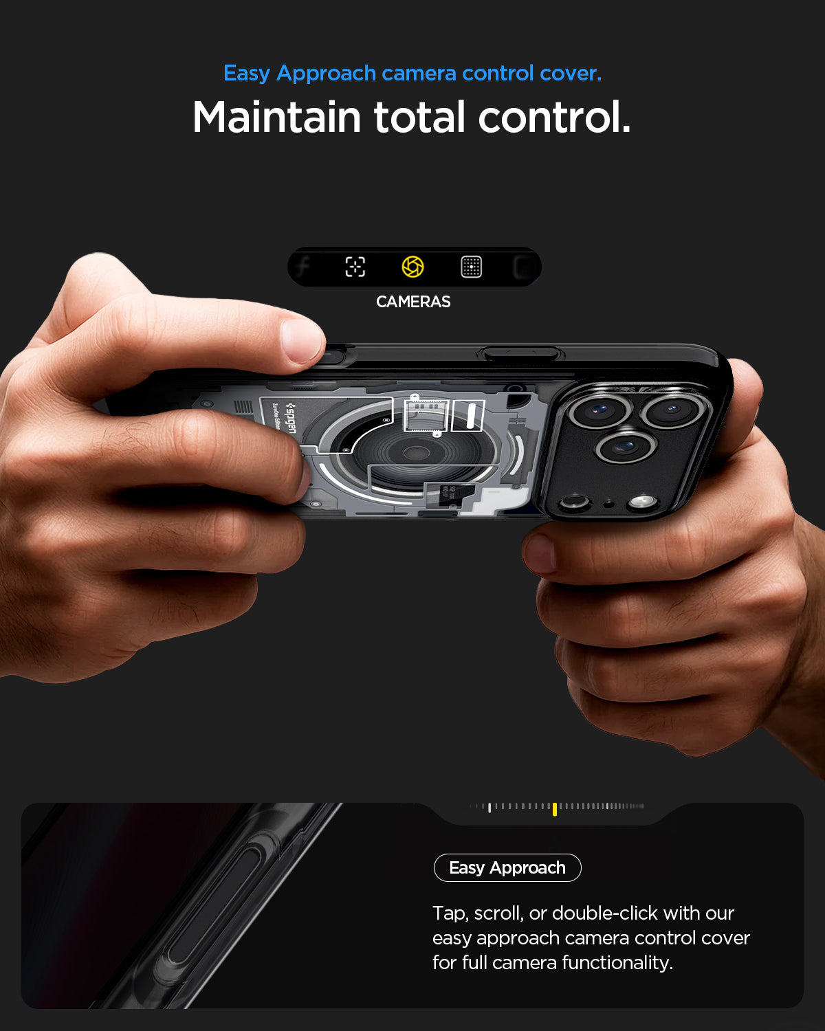 ACS10042 - iPhone 18 Pro Max / iPhone 17 Pro Max Ultra Hybrid Zero One (MagFit) Black showing an easy-access Camera Control cover for tapping, scrolling, and smooth operation