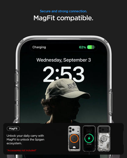 ACS10072 - iPhone 17 Pro Case Ultra Hybrid Zero One (MagFit) in Zero One Natural Titanium showing secure and strong connection. magfit compatible. unlock your daily carry with magfit to unlock the spigen ecosystem.