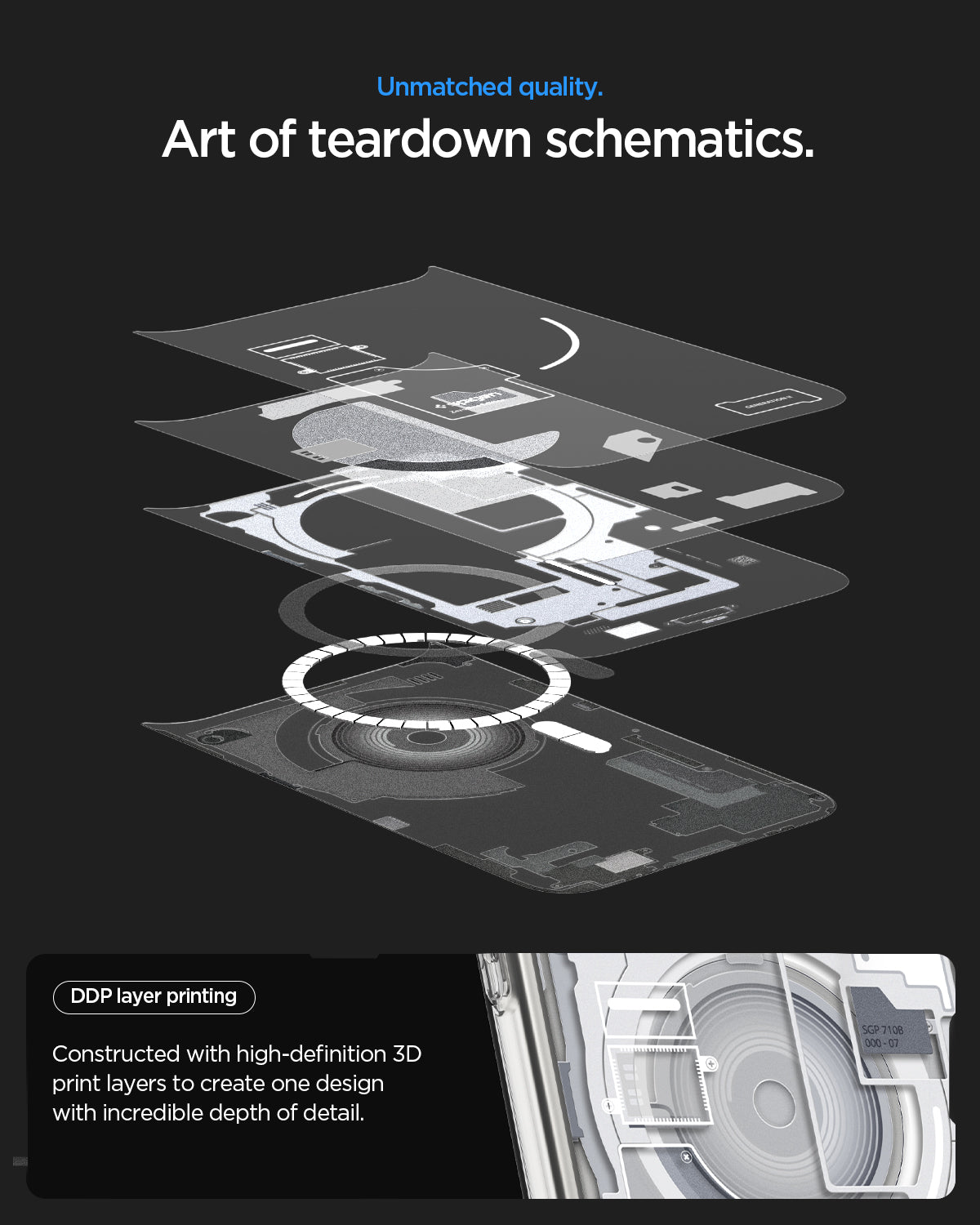 ACS10071 - iPhone 18 Pro / iPhone 17 Pro Ultra Hybrid Zero One (MagFit) White showing high-definition layered printing that creates a detailed teardown-inspired schematic design