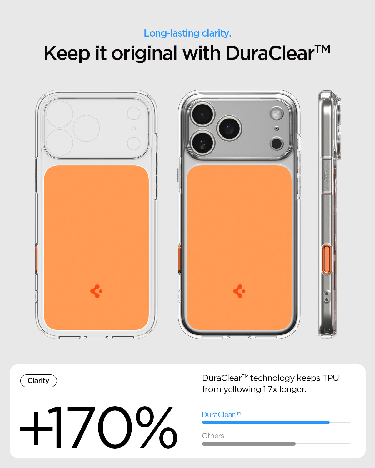 ACS10471 - iPhone 17 Pro Ultra Hybrid T (MagFit) in Glossy Orange showing long lasting clarity. Keep it original with dura clear.