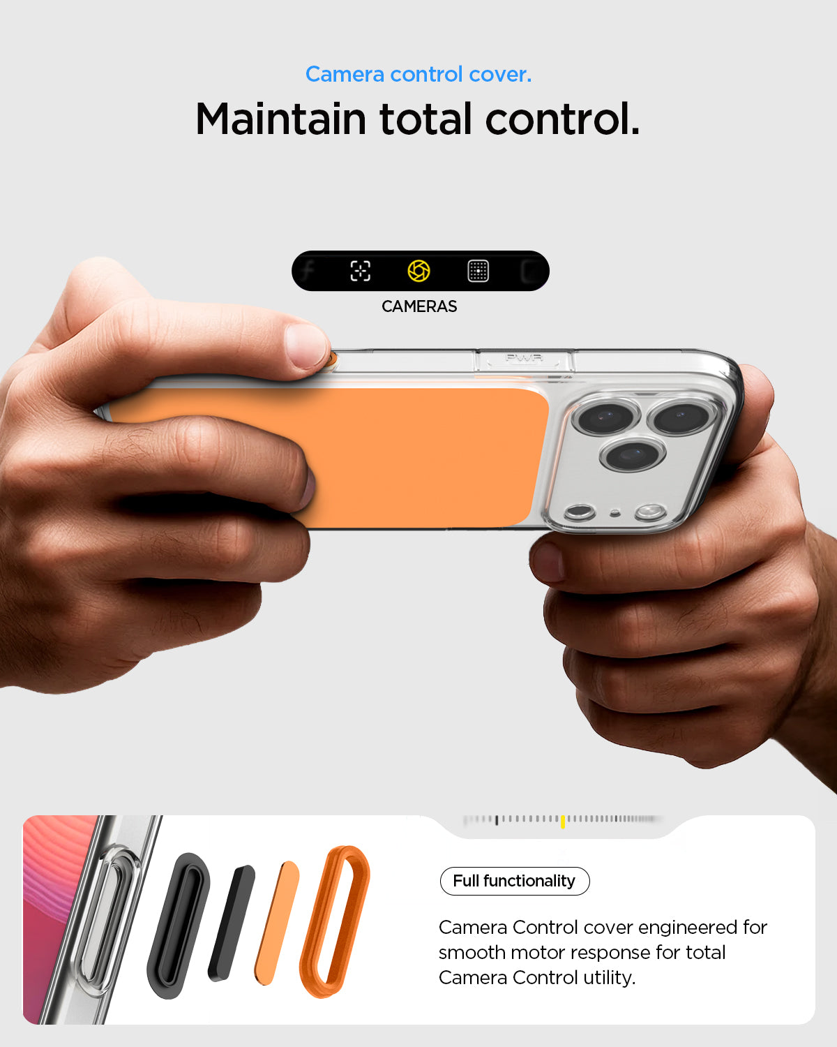 ACS10471 - iPhone 17 Pro Ultra Hybrid T (MagFit) in Glossy Orange showing camera control cover. Maintain total control. full functionality. camera control cover engineered for smooth motor response for total camera control utility.