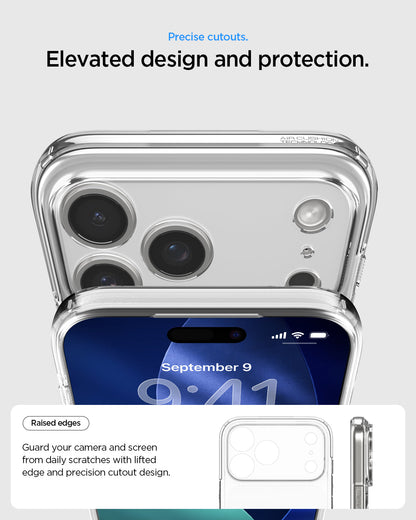 ACS10077 - iPhone 17 Pro Ultra Hybrid T (MagFit) in Glossy White showing precise cutouts. elevated design and protection. Raised edges. Guard your camera and screen from daily scratches with lifted edge and precision cutout design.