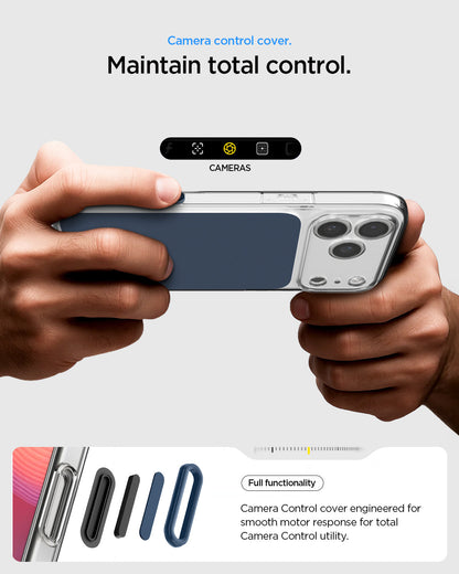 ACS10470 - iPhone 17 Pro Ultra Hybrid T (MagFit) in Matte Blue showing camera control cover. Maintain total control. full functionality. camera control cover engineered for smooth motor response for total camera control utility.